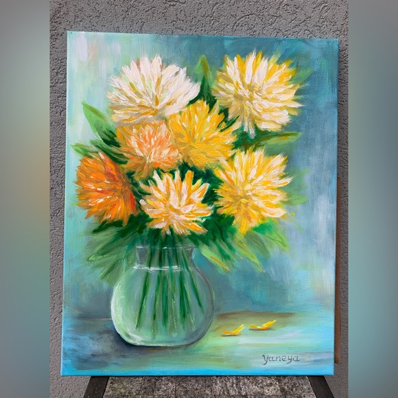 Original mixed media chrysanthemums, art floral painting Impressionism - Picture 4 of 12